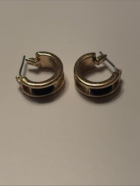Vintage Monet Black Enamel and Gold Tone Huggie Hoop Earrings